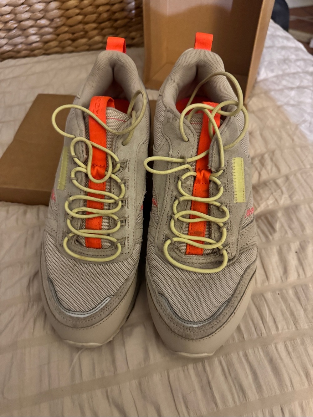 Reebok Beige Athletic Sneakers with Orange and Yellow Accents - hardly worn!